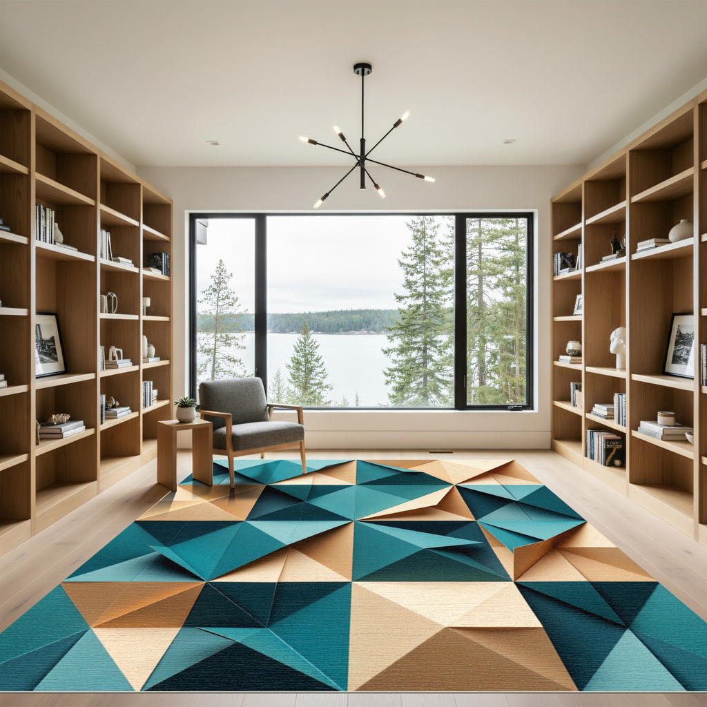 Geometric Teal and Beige Folded Triangle Rug