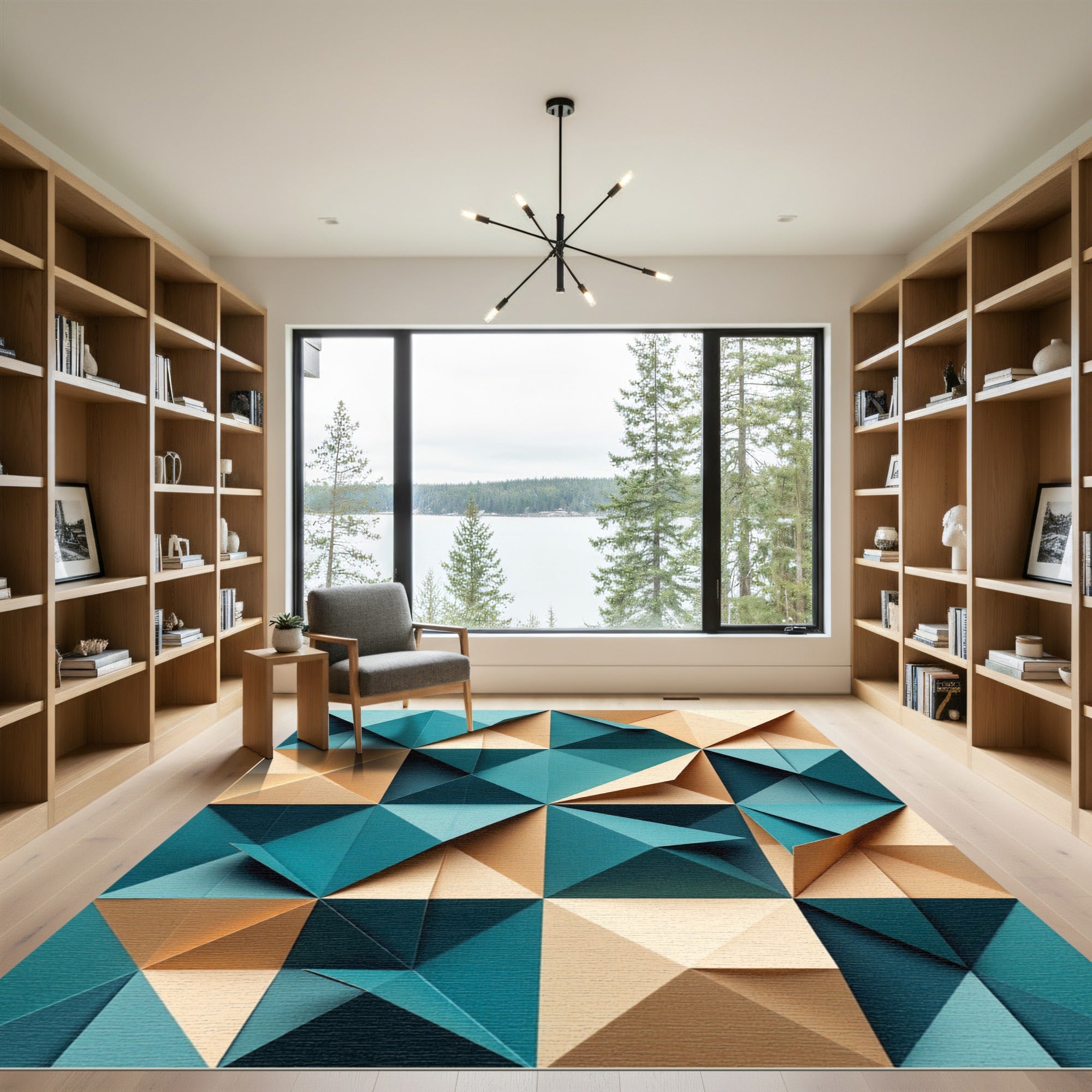 Geometric Teal and Beige Folded Triangle Rug