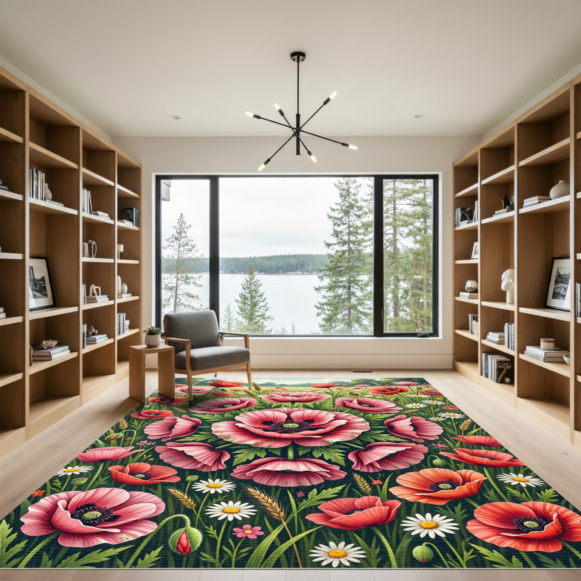 Vibrant Poppy Floral Garden Medallion Rug