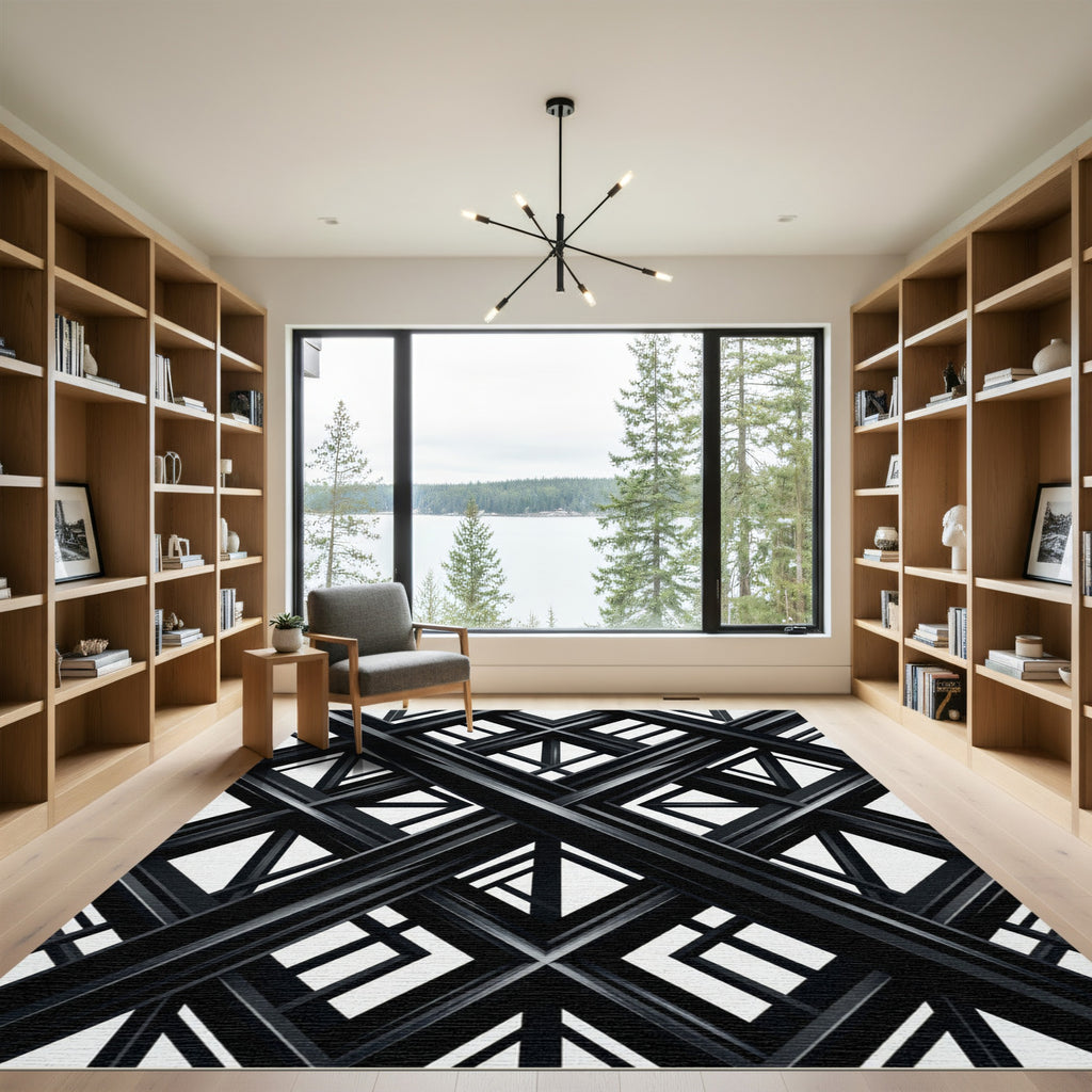 Modern Black and White Geometric Lattice Rug