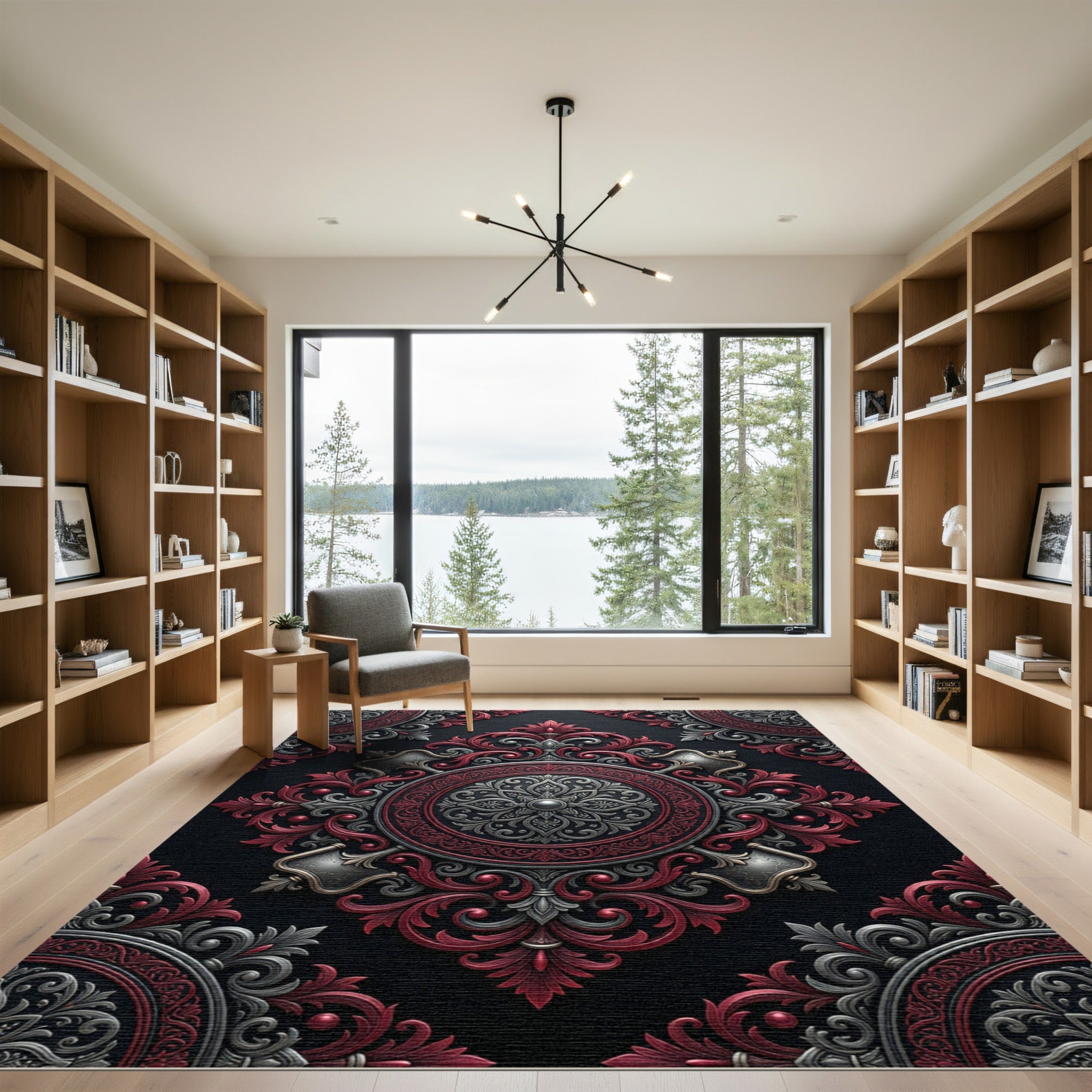 Elegant Crimson Black Baroque Medallion Rug