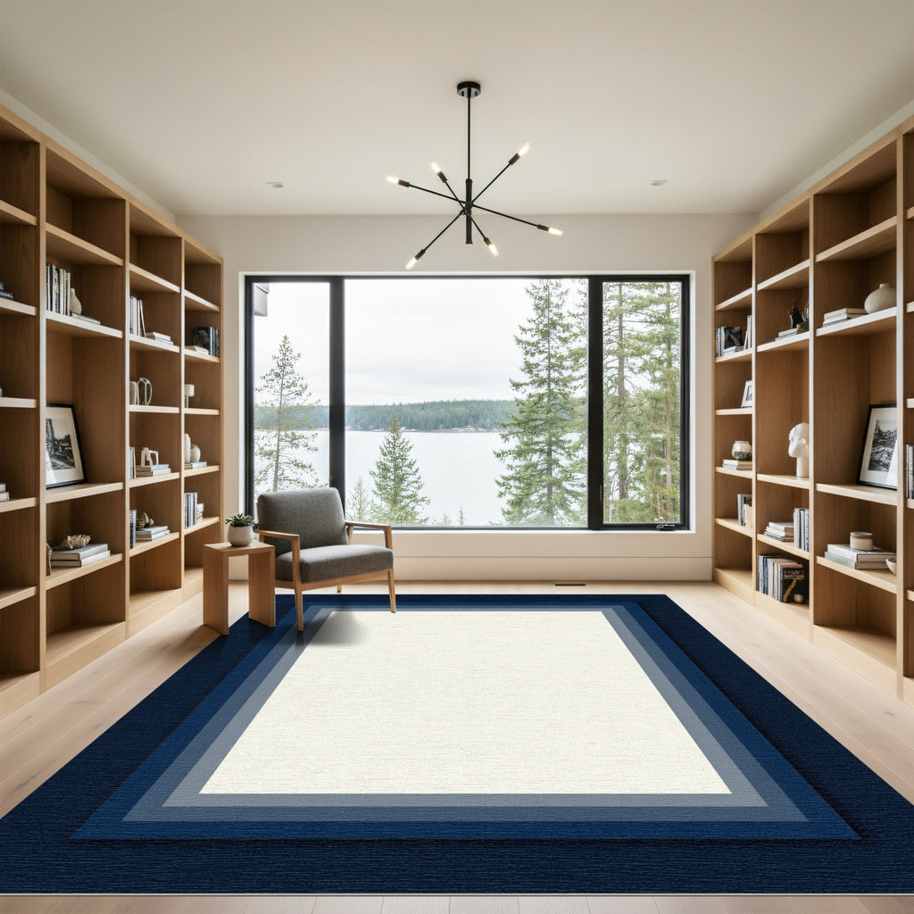 Navy Blue Layered Rectangular Border Rug