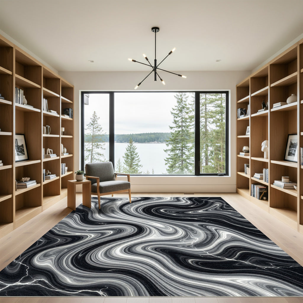 Dramatic Black White Swirl Marble Rug
