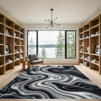 Dramatic Black White Swirl Marble Rug