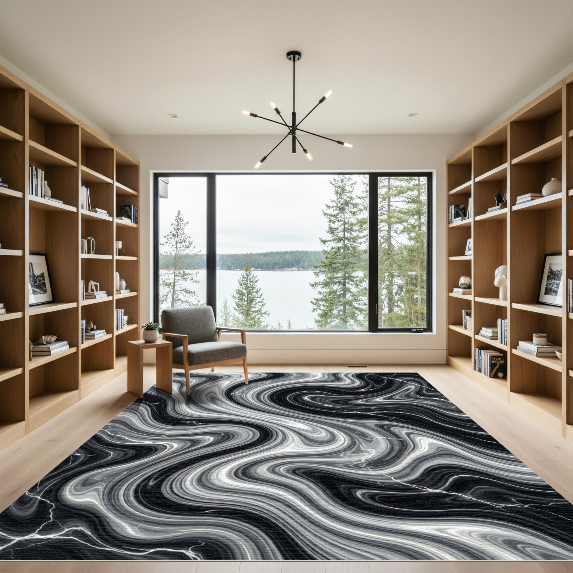 Dramatic Black White Swirl Marble Rug