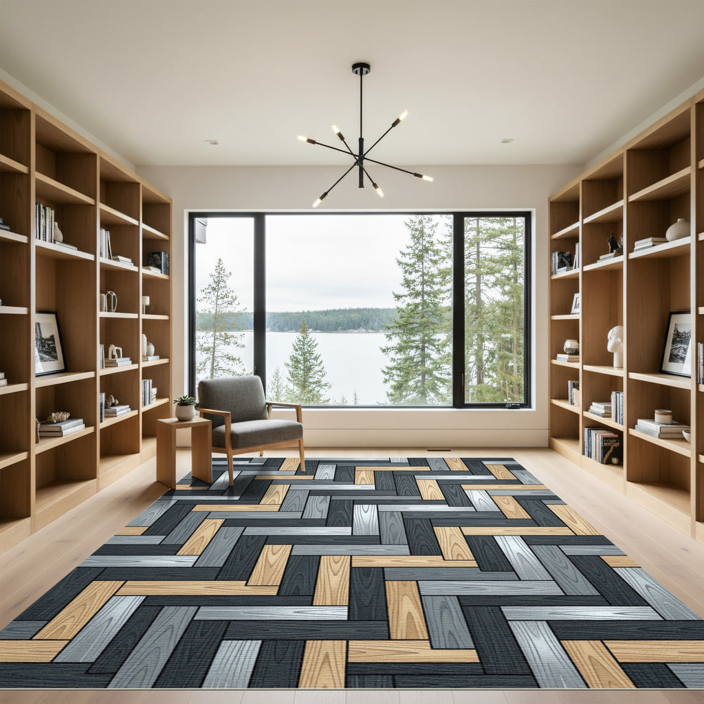 Modern Herringbone Gray and Tan Wood Rug