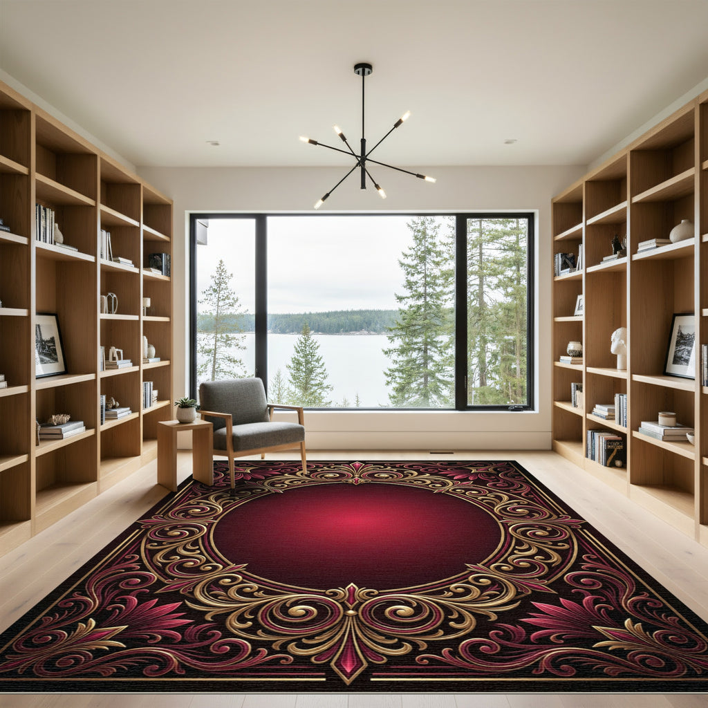 Luxurious Crimson Gold Filigree Medallion Rug