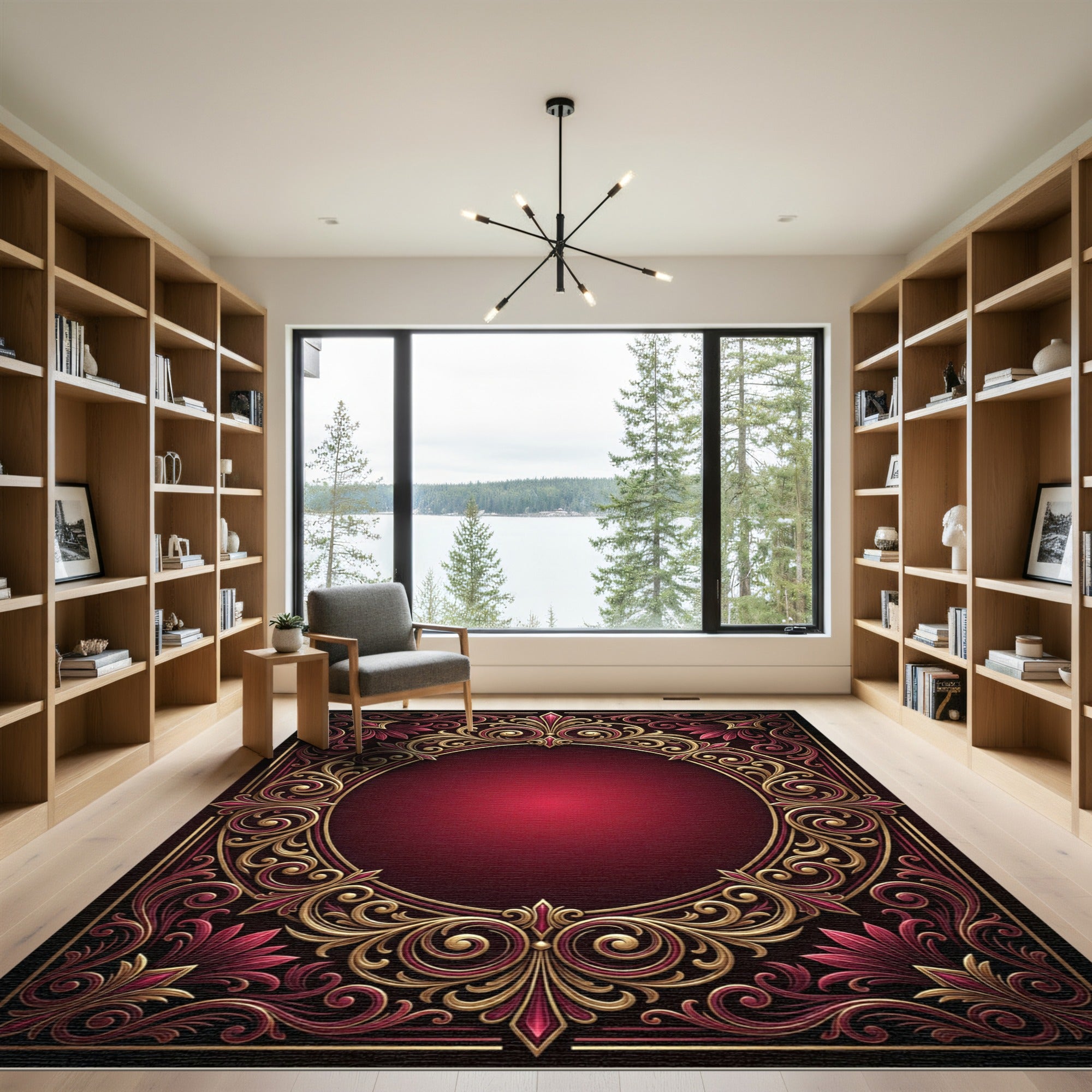 Luxurious Crimson Gold Filigree Medallion Rug