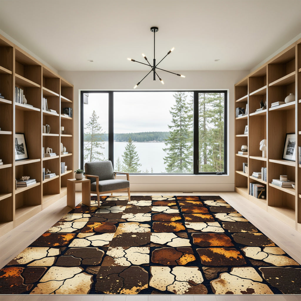Textured Ochre Cracked Earth Geometric Checkerboard Rug