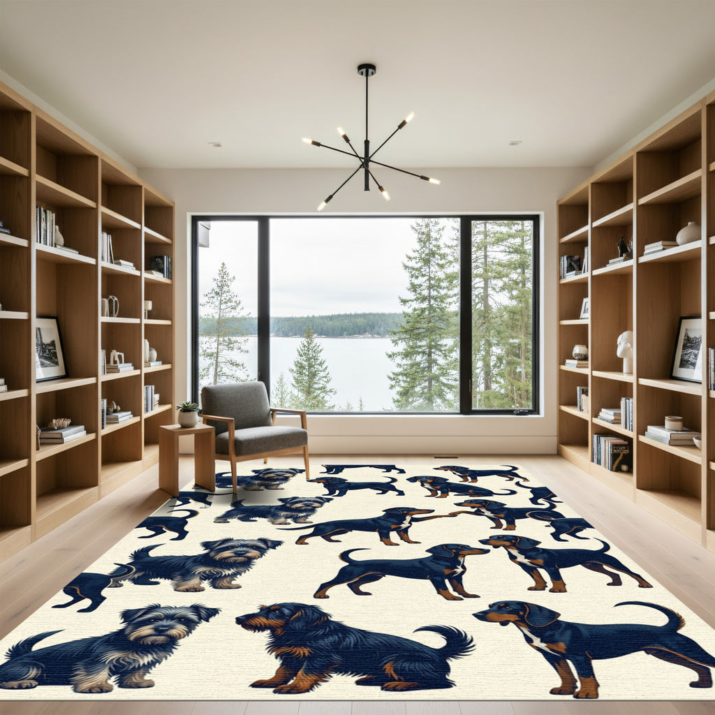 Playful Black and Brown Dog Illustration Rug