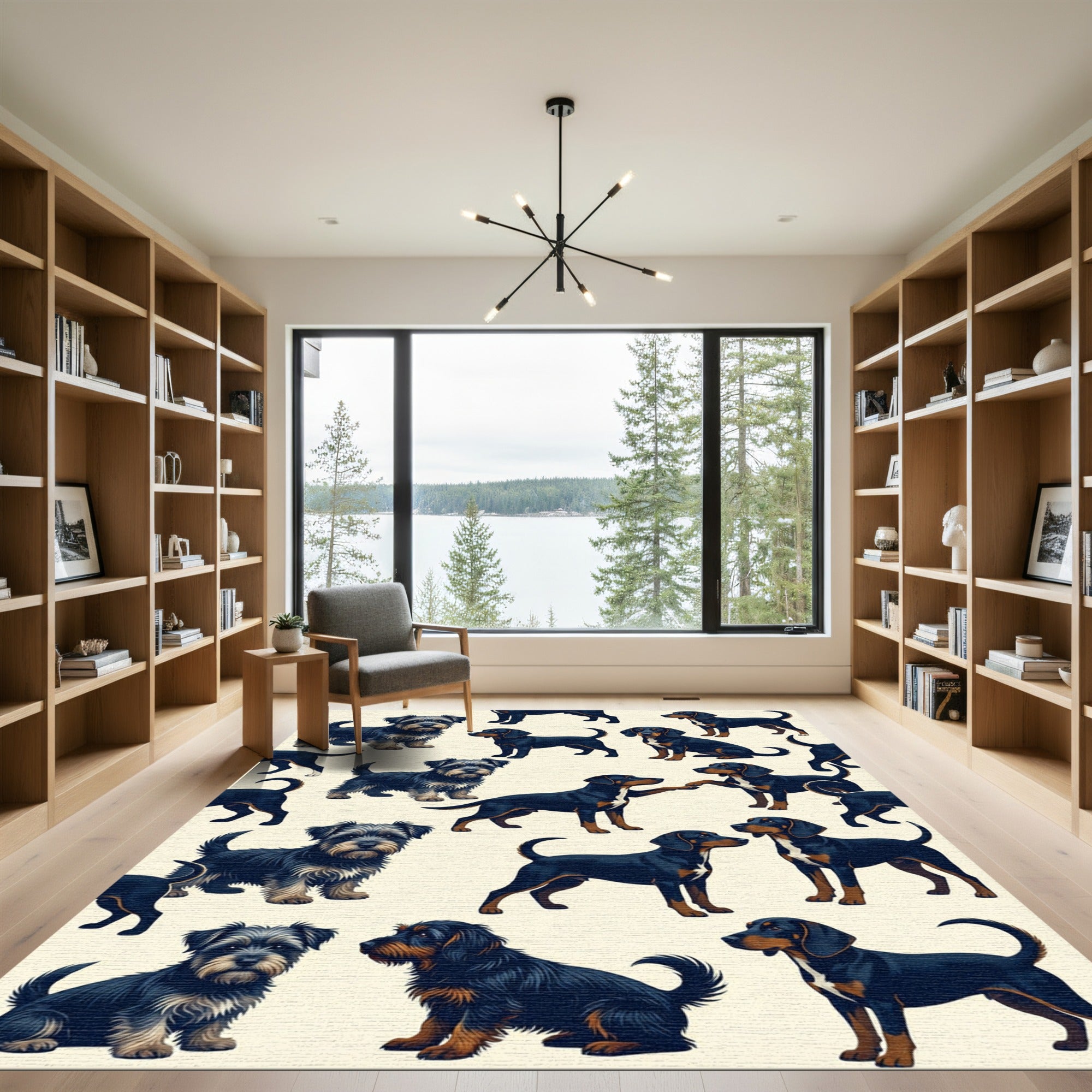 Playful Black and Brown Dog Illustration Rug