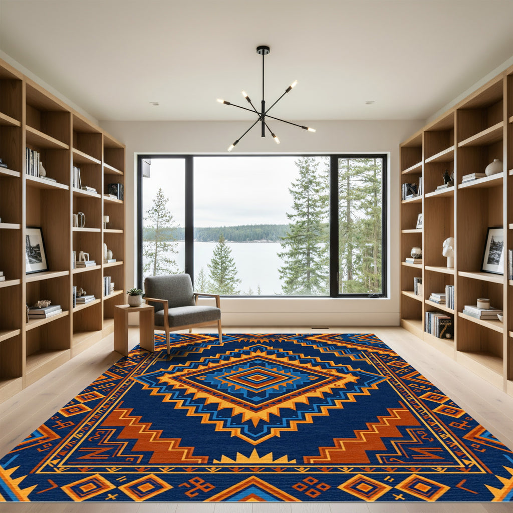 Navajo Blue Geometric Diamond Zigzag Rug