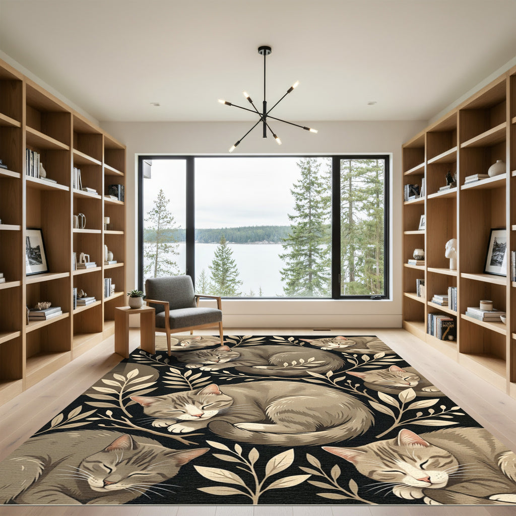 Cozy Sleeping Tabby Cat Botanical Rug