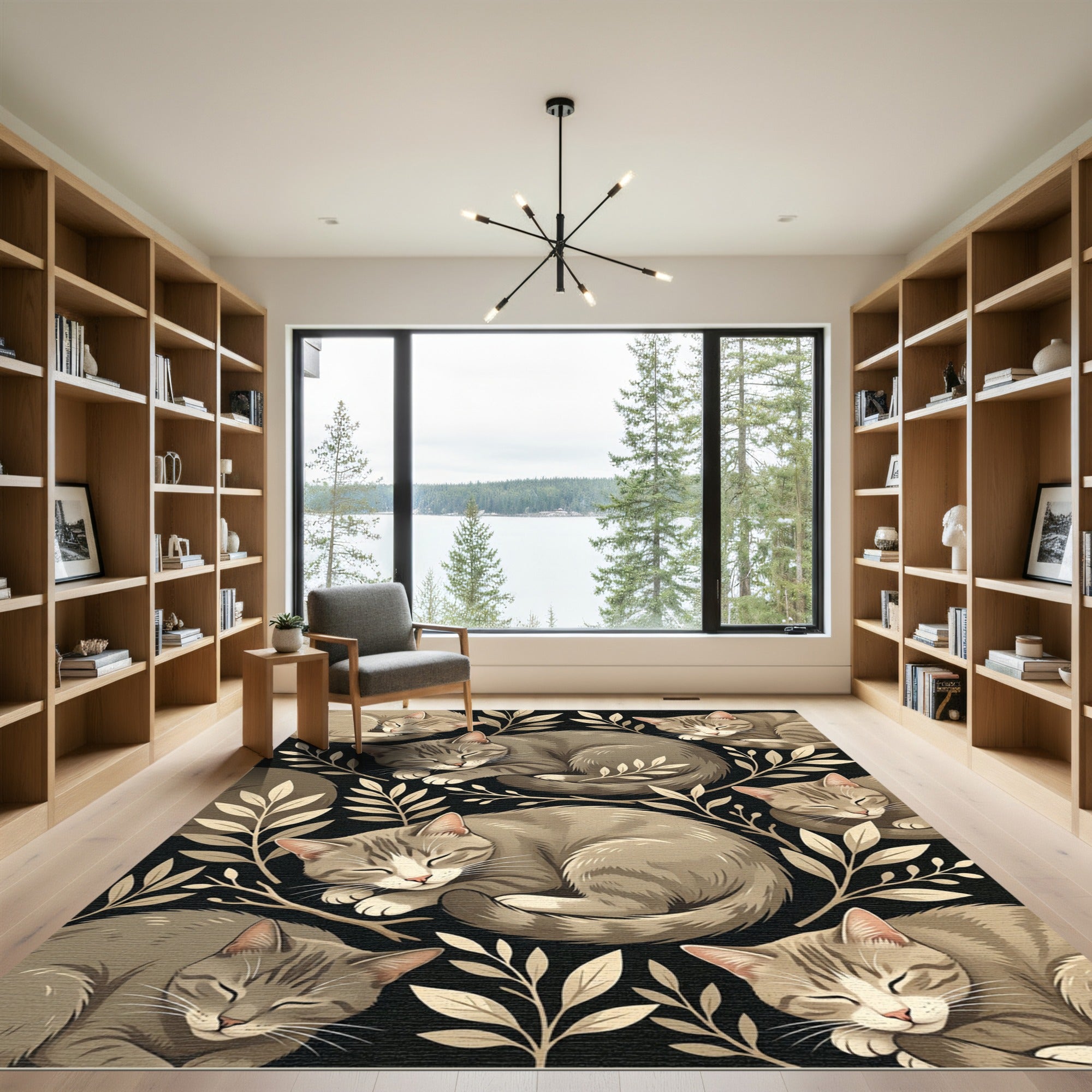 Cozy Sleeping Tabby Cat Botanical Rug