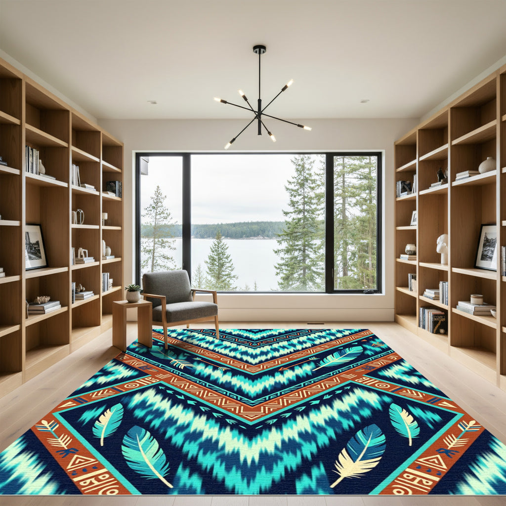 Teal Aztec Feathers Chevron Geometric Accent Rug