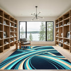 Modern Cyan and Beige Abstract Swirls Rug