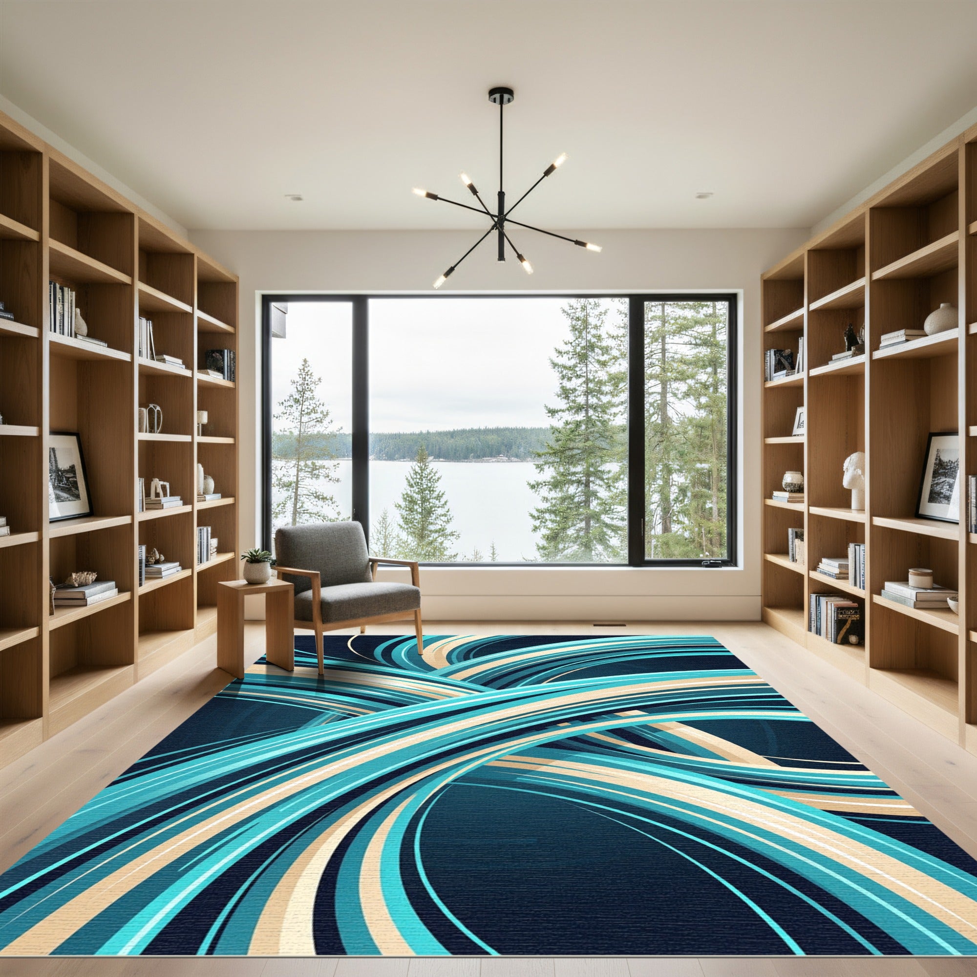 Modern Cyan and Beige Abstract Swirls Rug