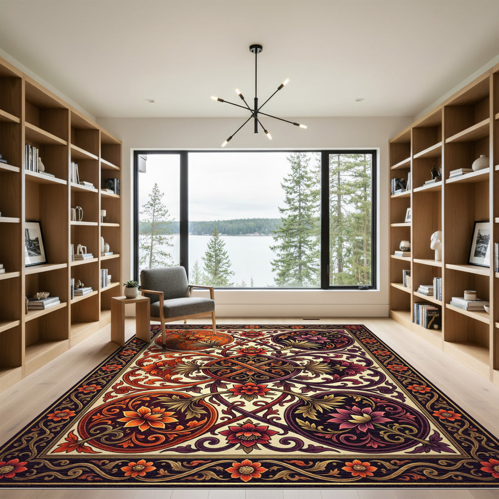 Symmetrical Floral Medallion in Sunset Hues Rug