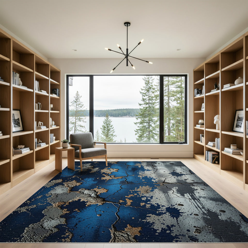 Cracked Blue And Brown Splatter Rug