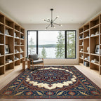 Ornate Navy Crimson Floral Medallion Rug