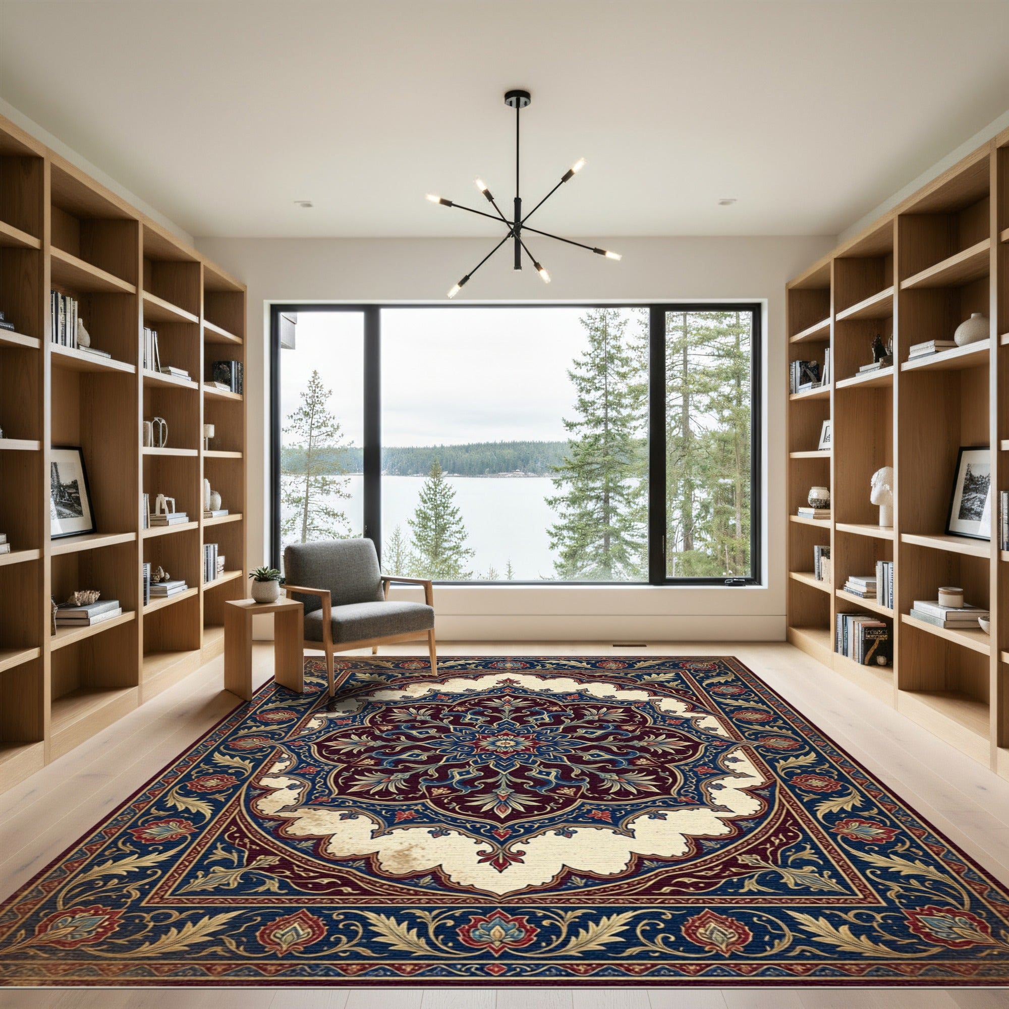 Ornate Navy Crimson Floral Medallion Rug