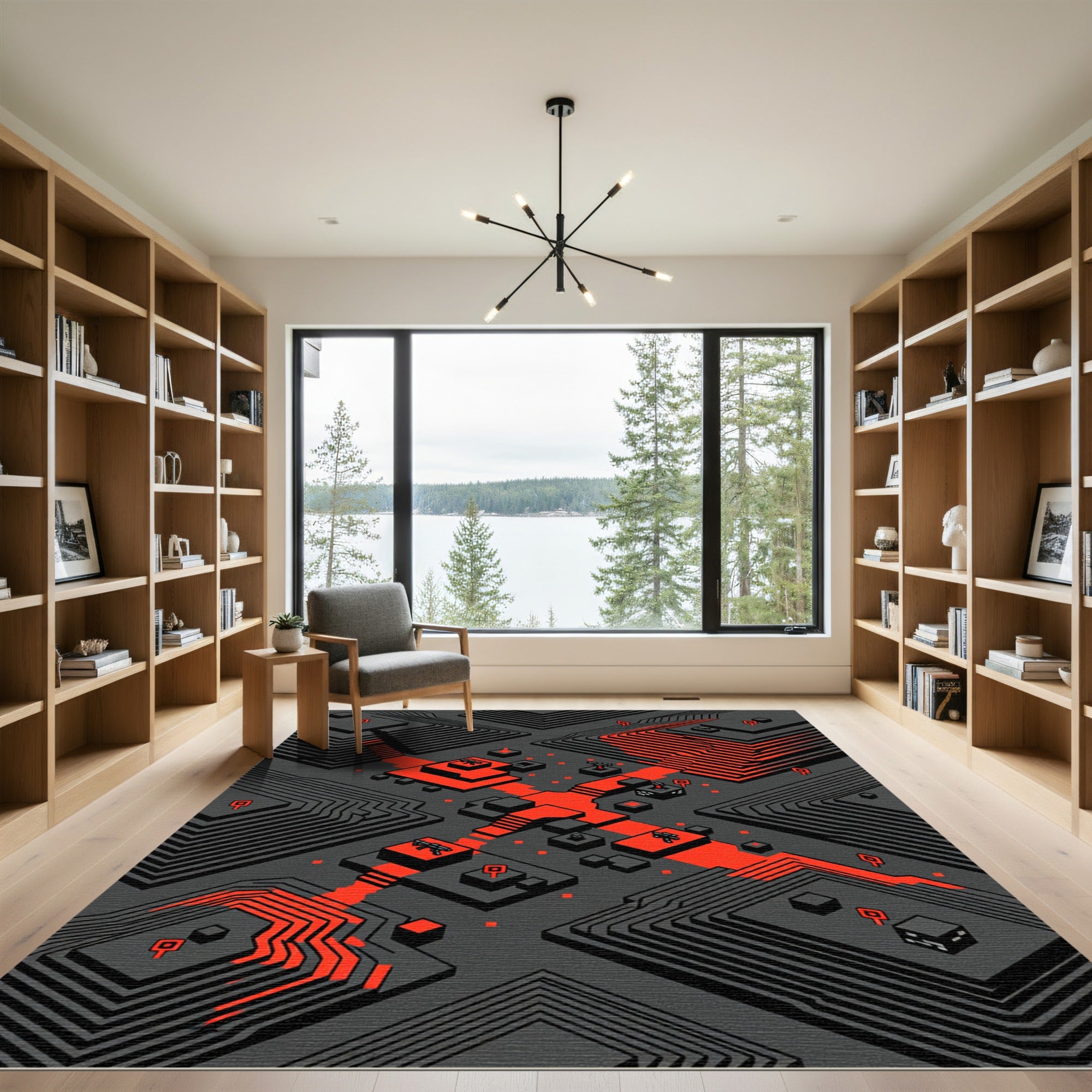 Geometric Cyberpunk Obsidian and Neon Red Rug