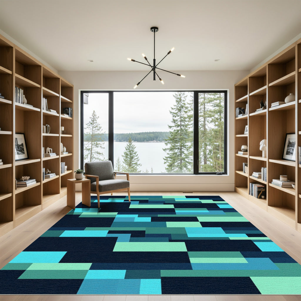 Modern Teal and Cyan Geometric Block Rug