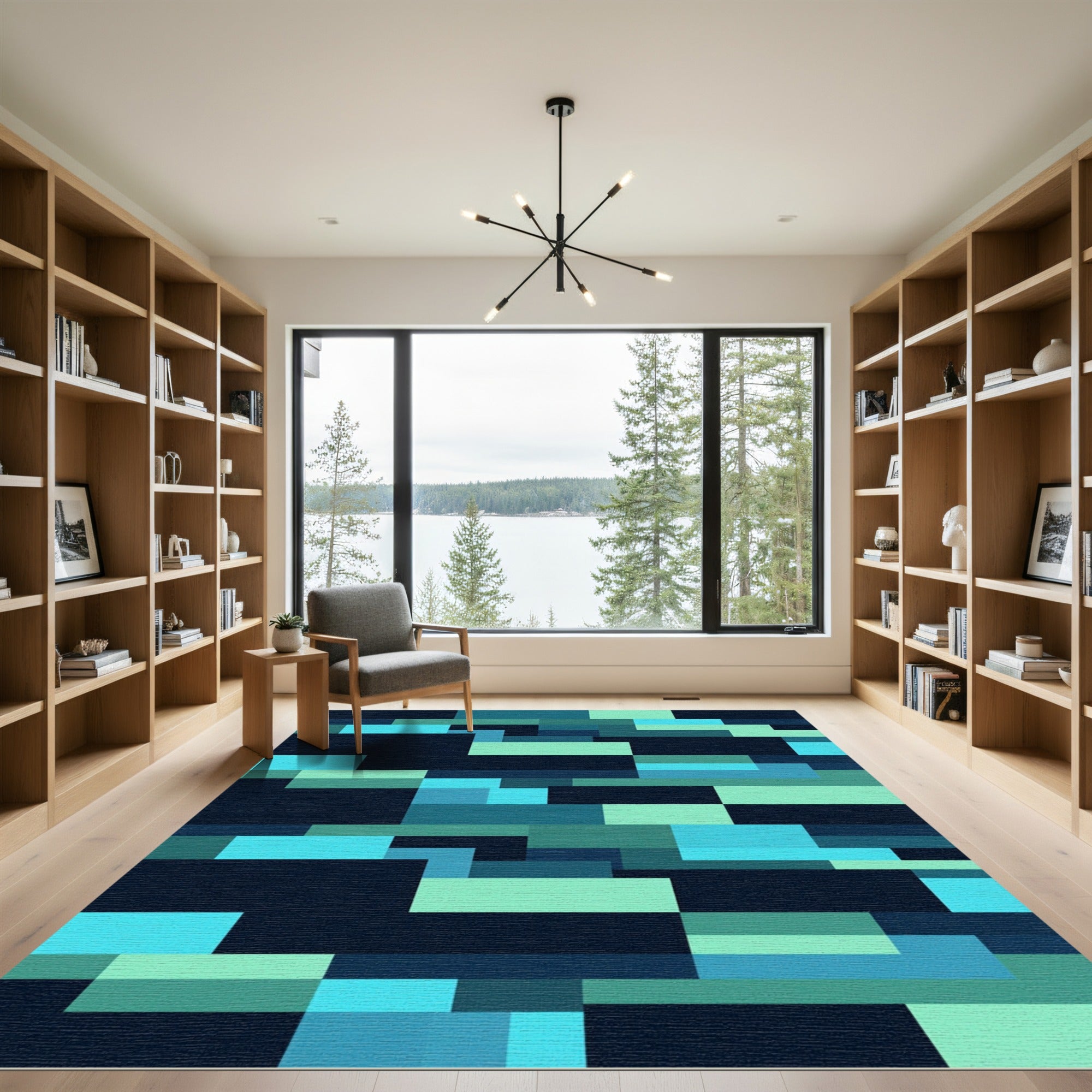 Modern Teal and Cyan Geometric Block Rug