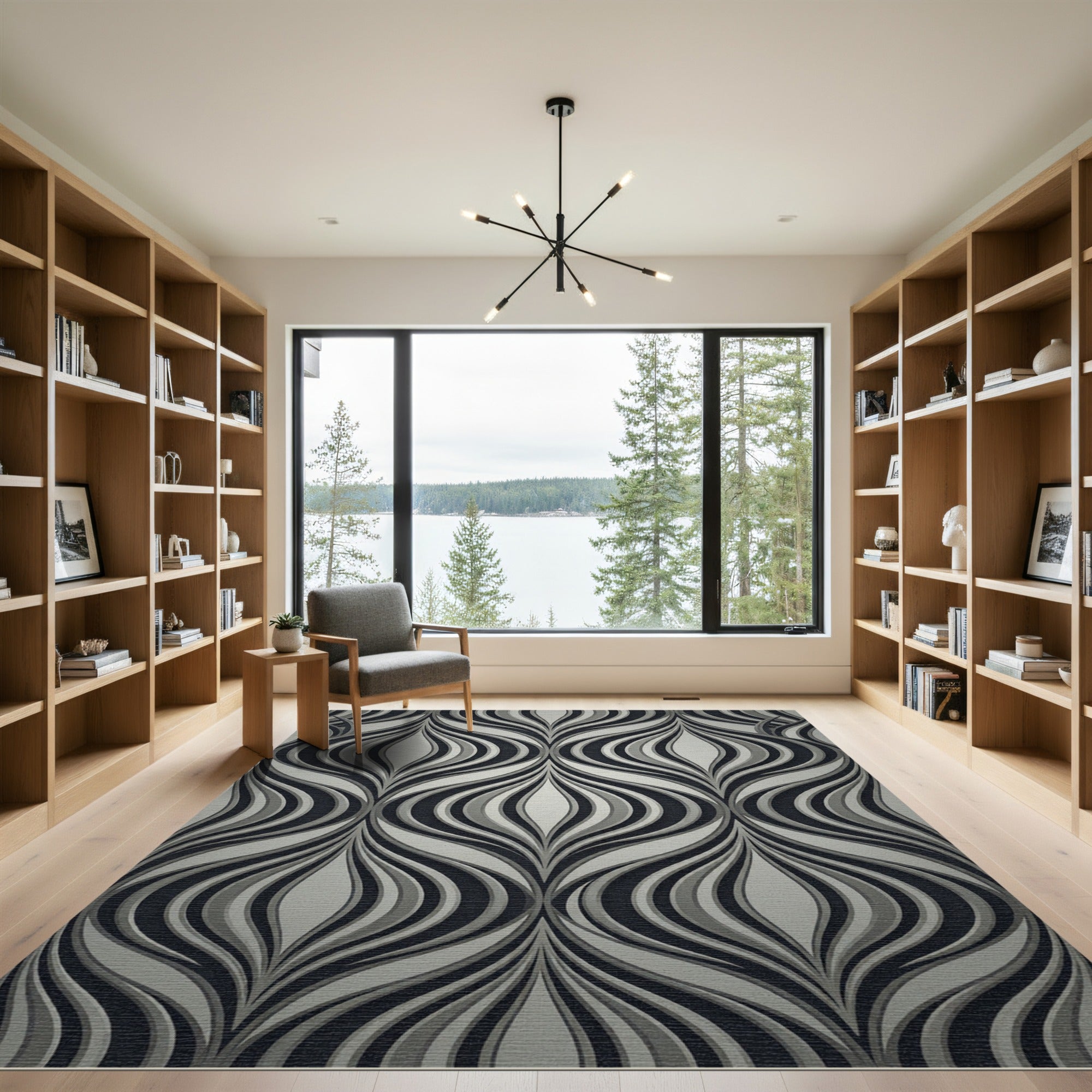 Monochromatic Gray Wavy Abstract Curvilinear Rug
