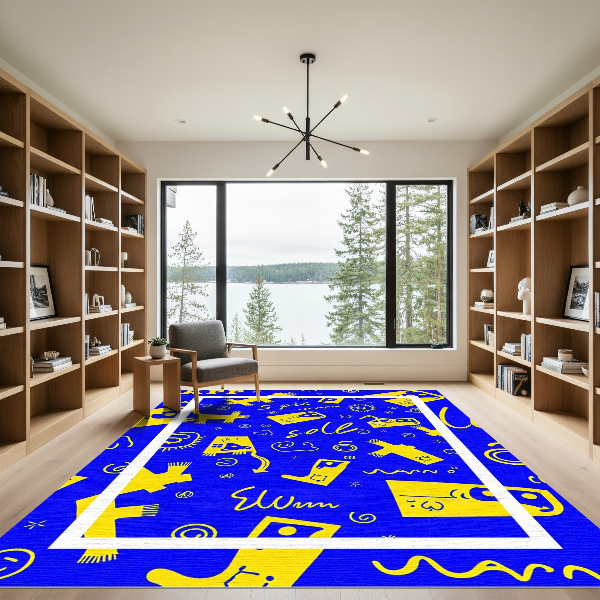 Bright Yellow Blue Whimsical Collage Rug