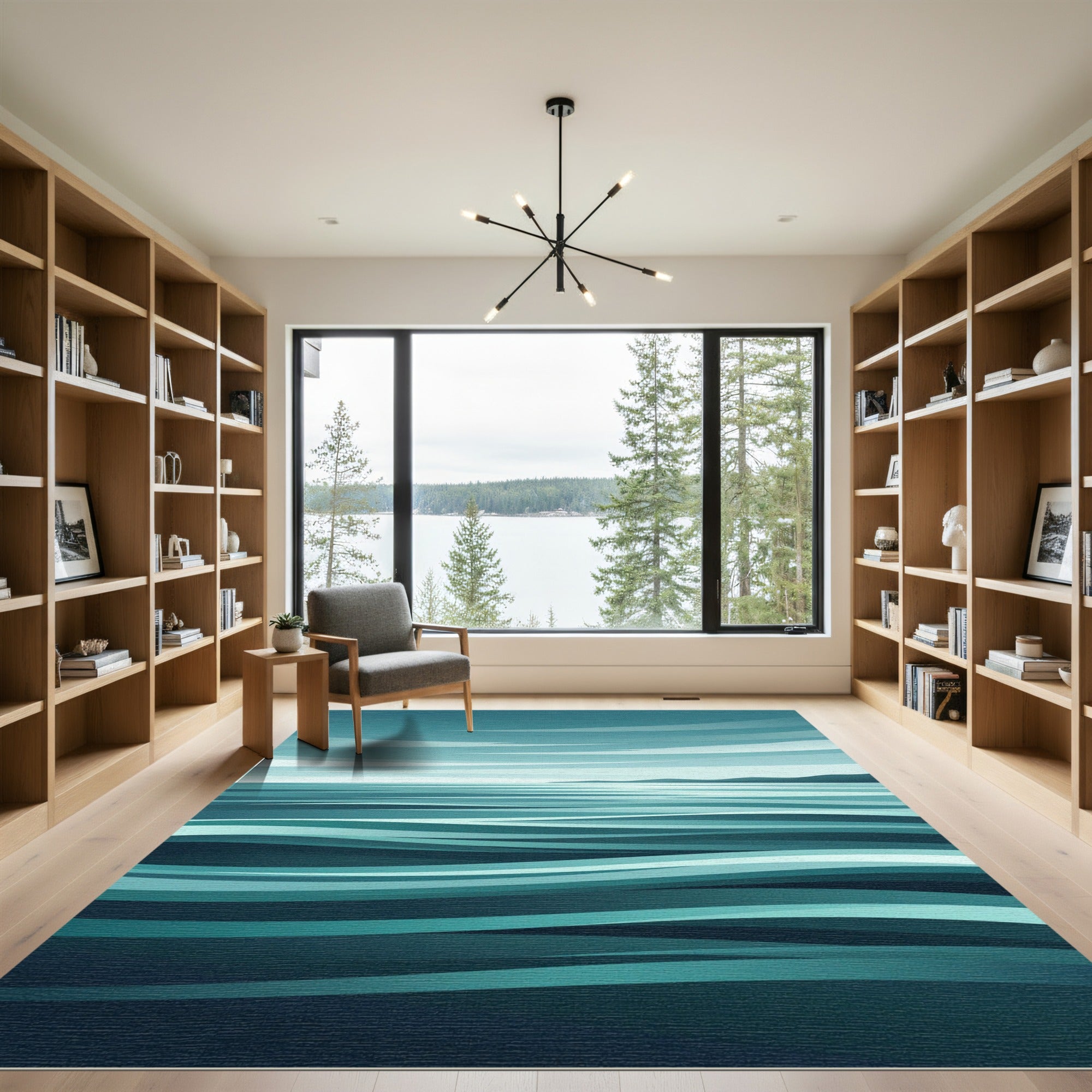 Minimalist Teal Blue Abstract Ocean Wave Rug