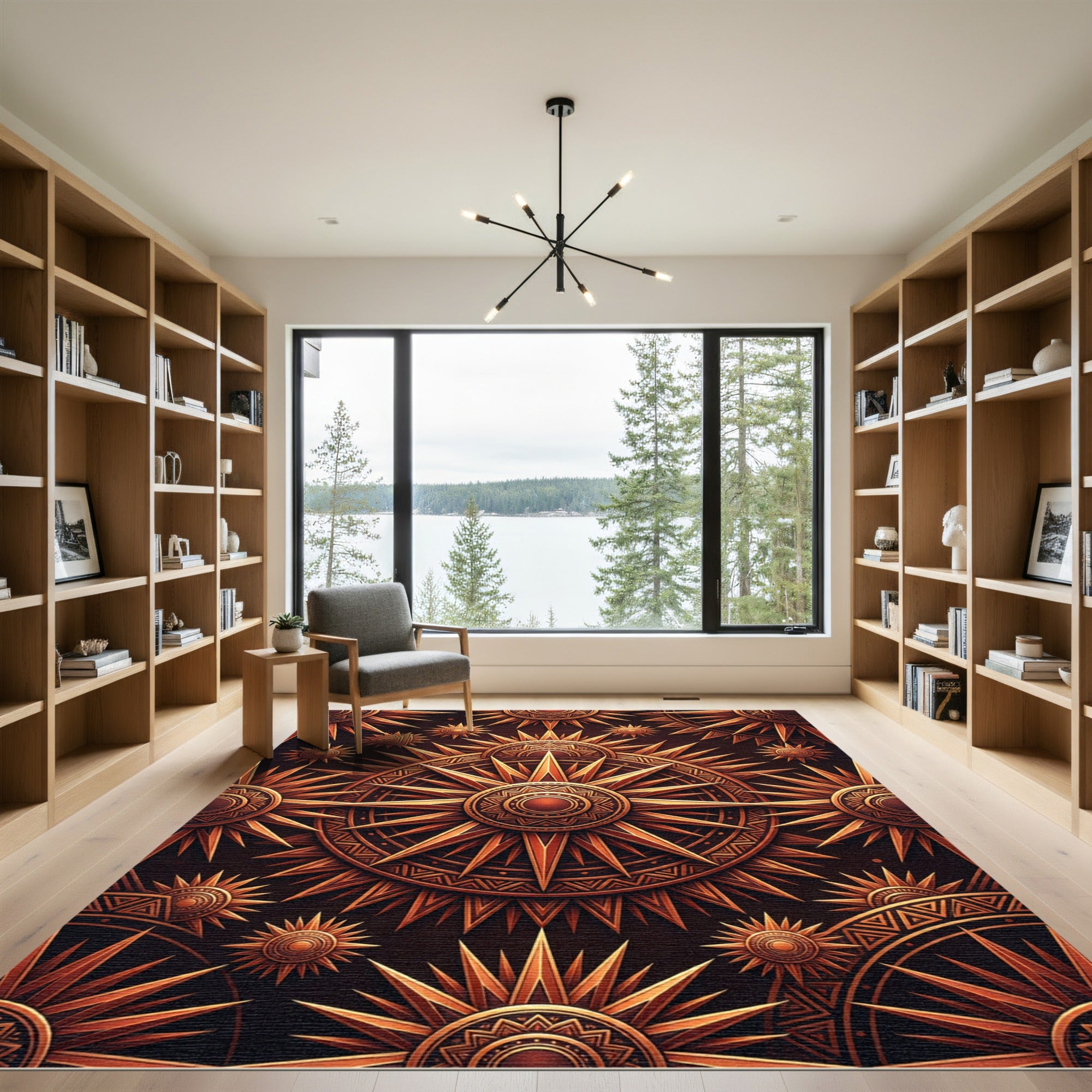 Golden Radiant Sunburst Geometric Art Rug