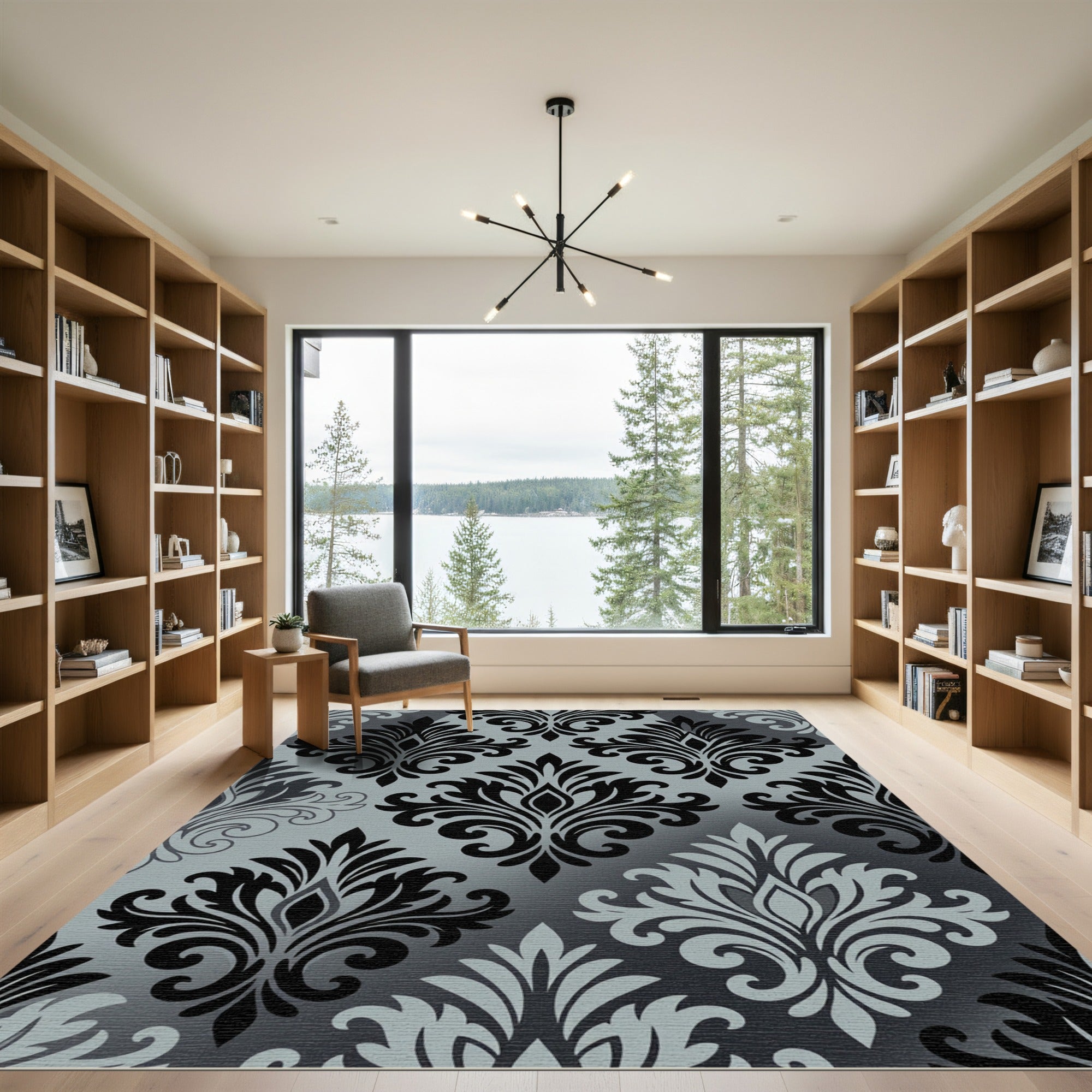 Sophisticated Black and Gray Damask Rug
