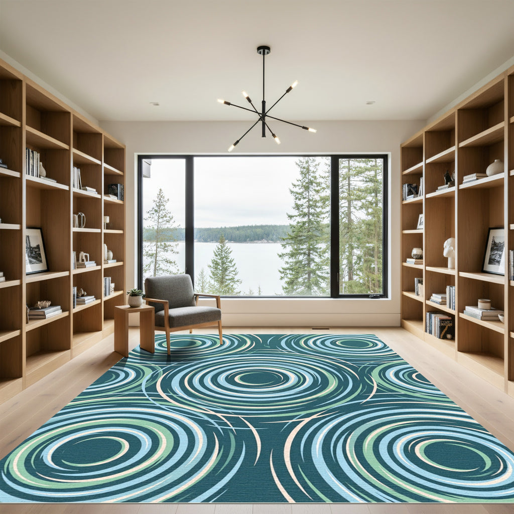 Modern Teal Blue Concentric Swirl Rug
