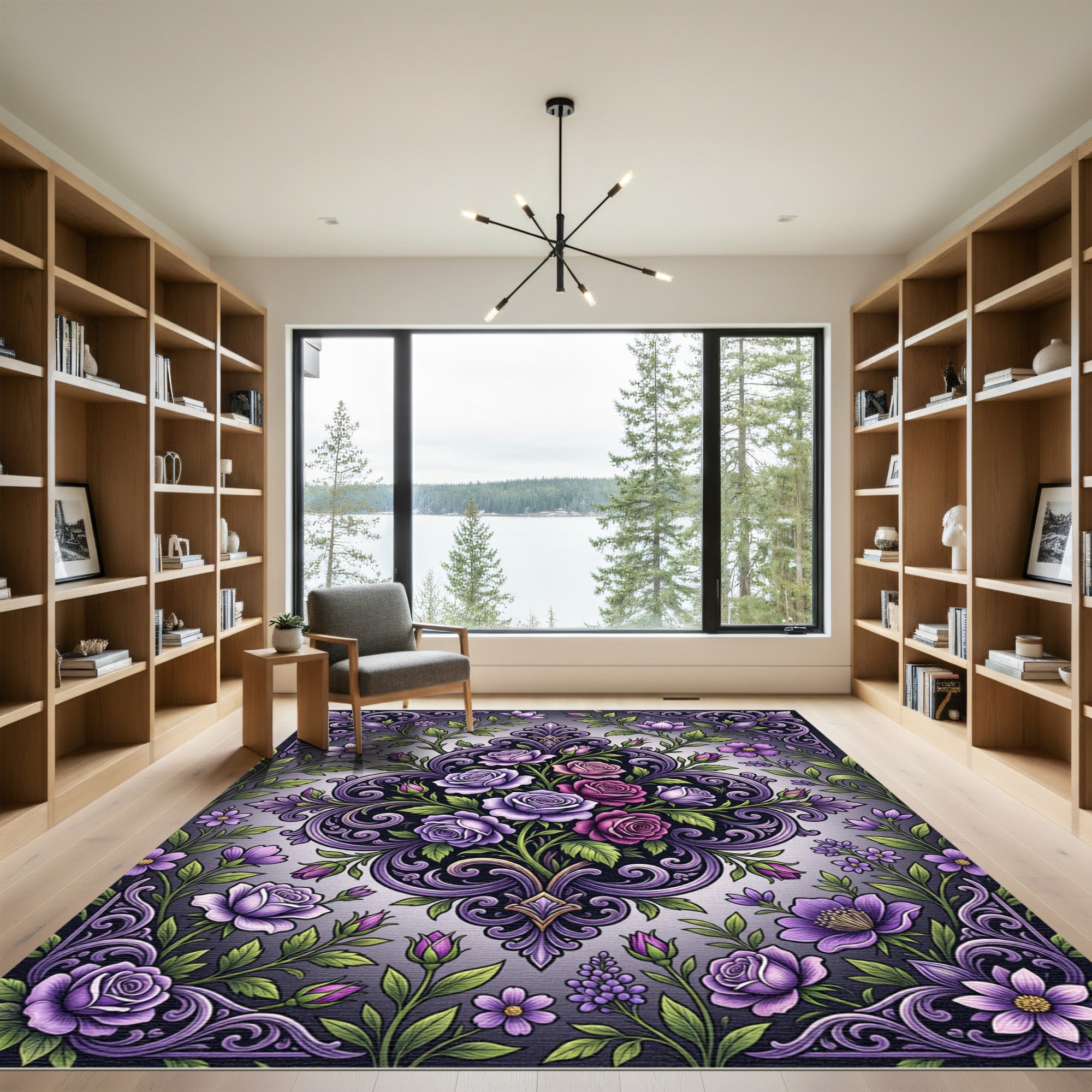 Elegant Violet Rose Damask Floral Rug
