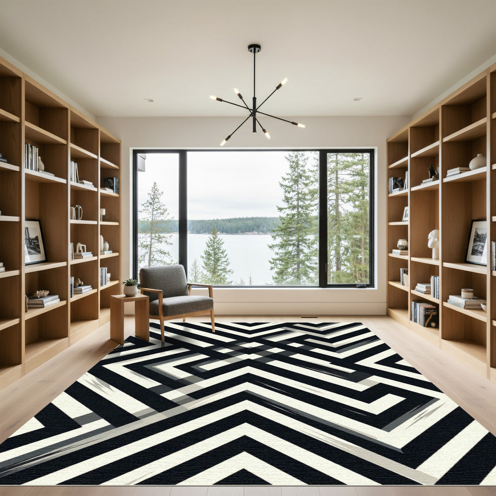 Modern Black and White Geometric Maze Rug