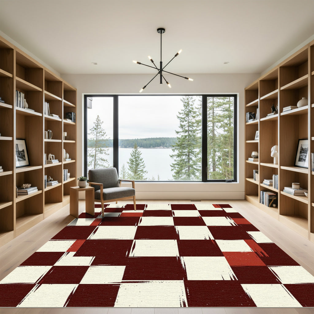 Distressed Burgundy and Cream Checkered Grid Rug