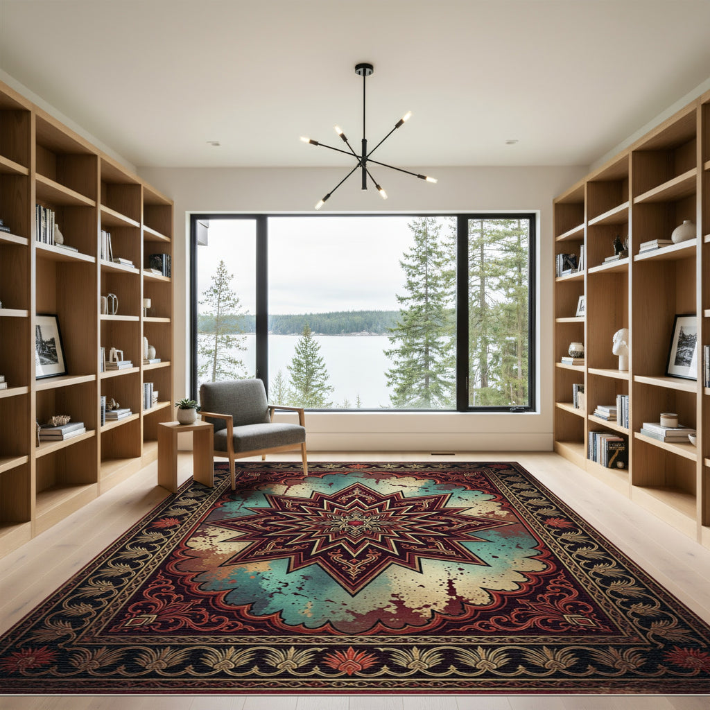 Starry Crimson Teal Ornate Geometric Medallion Rug
