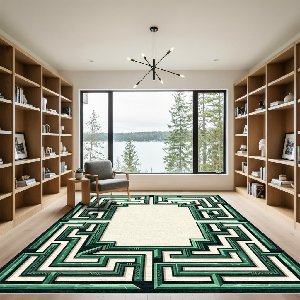 Emerald Green Geometric Maze Frame Rug