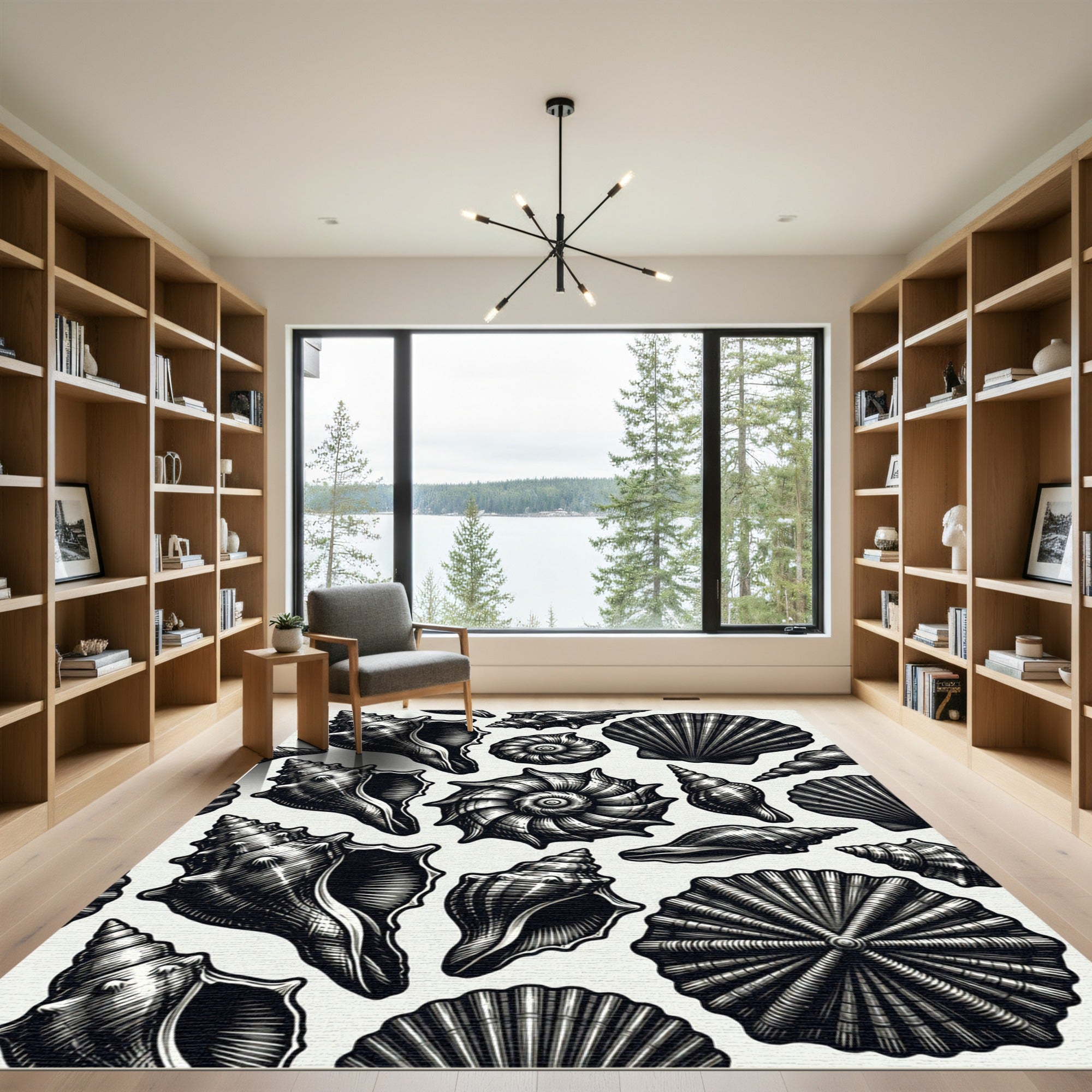 Black and White Seashell Sketch Collage Rug
