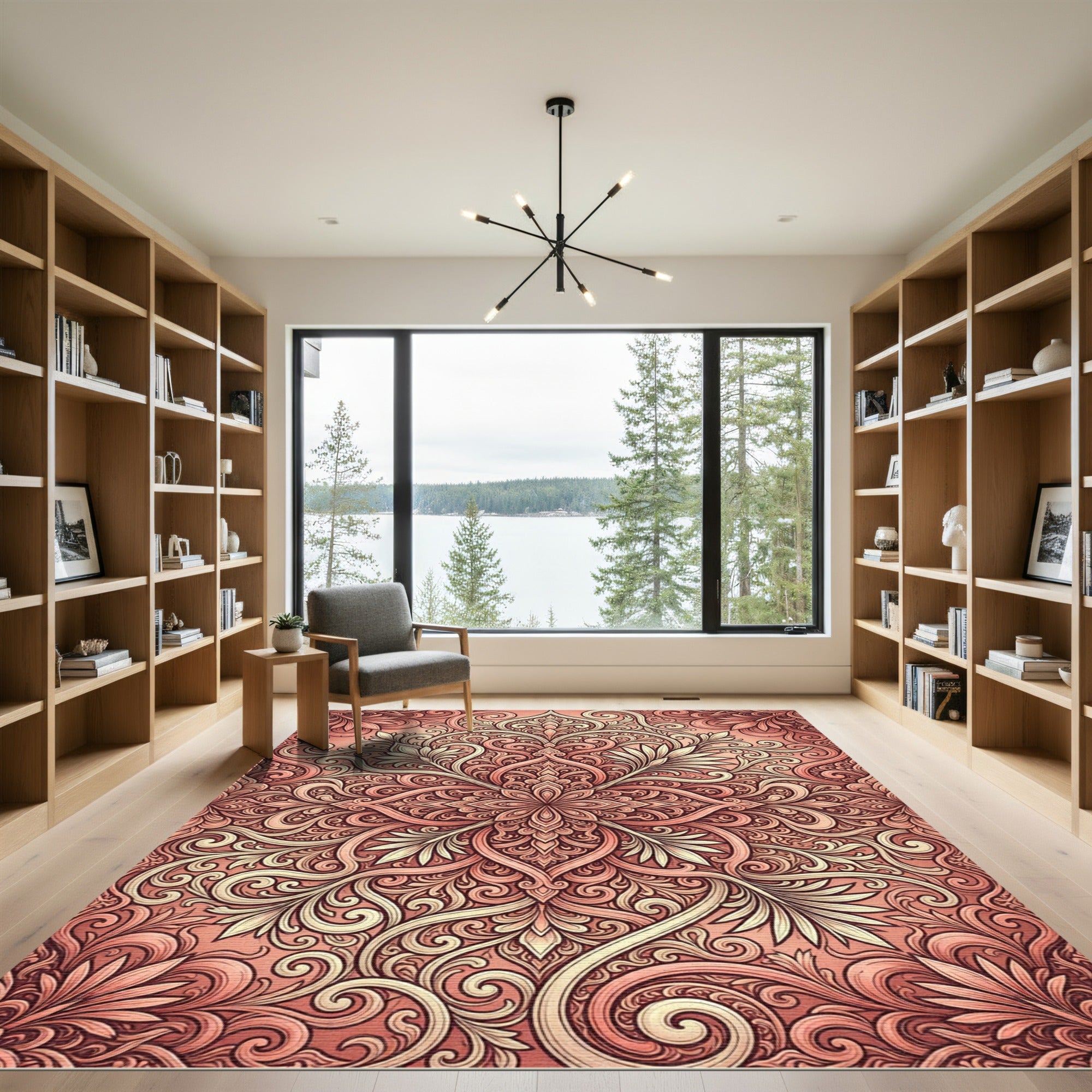 Coral Tan Elaborate Floral Swirl Rug