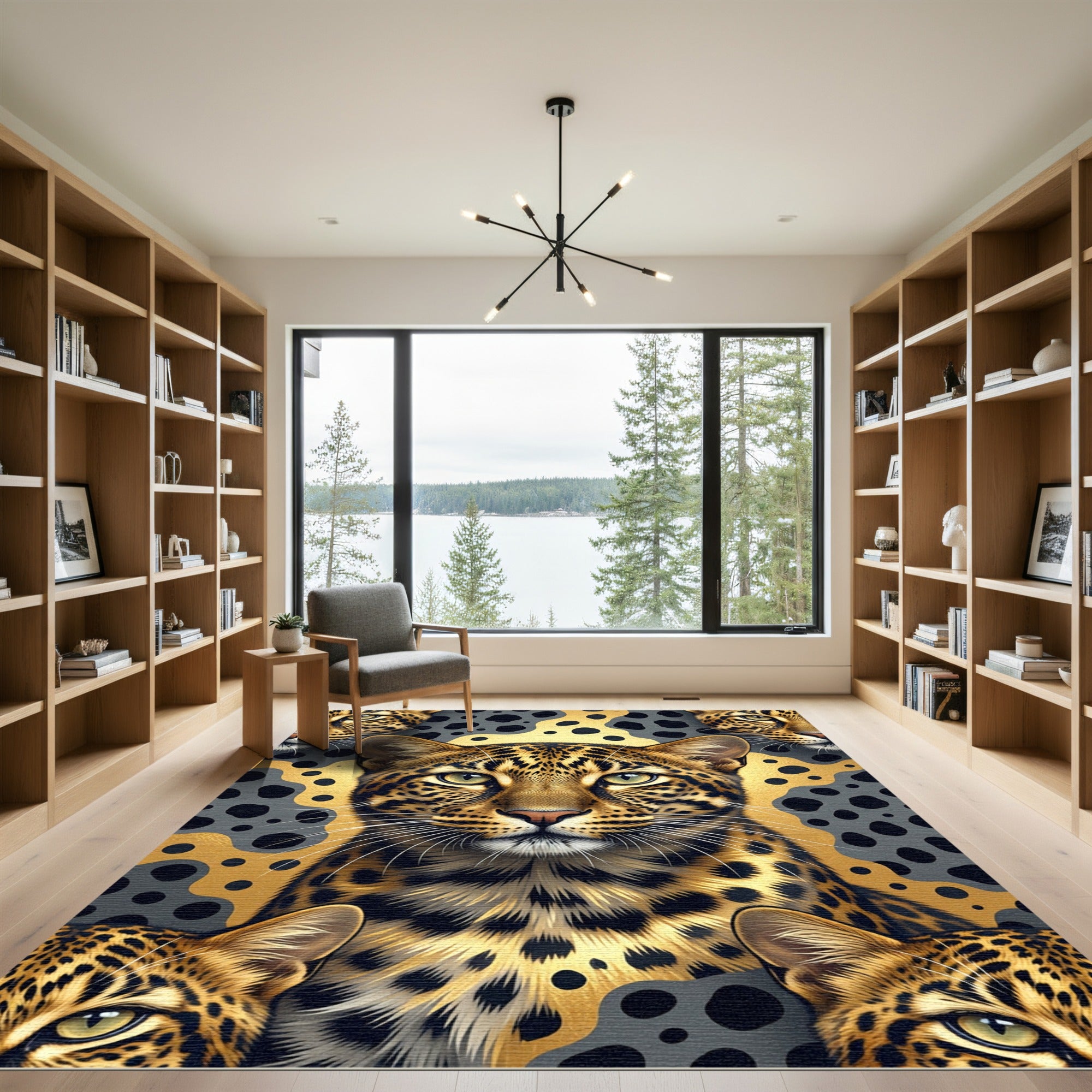 Golden Leopard Face on Black Spotted Background Rug
