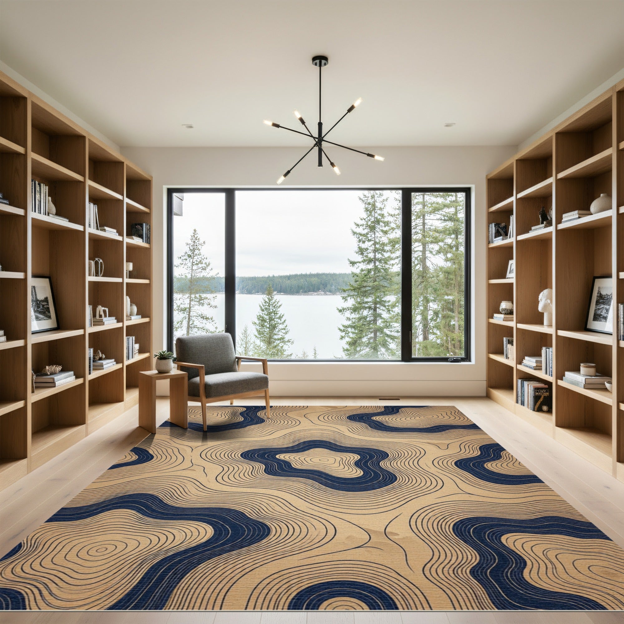 Minimalist Navy Blue Topographic Contour Rug