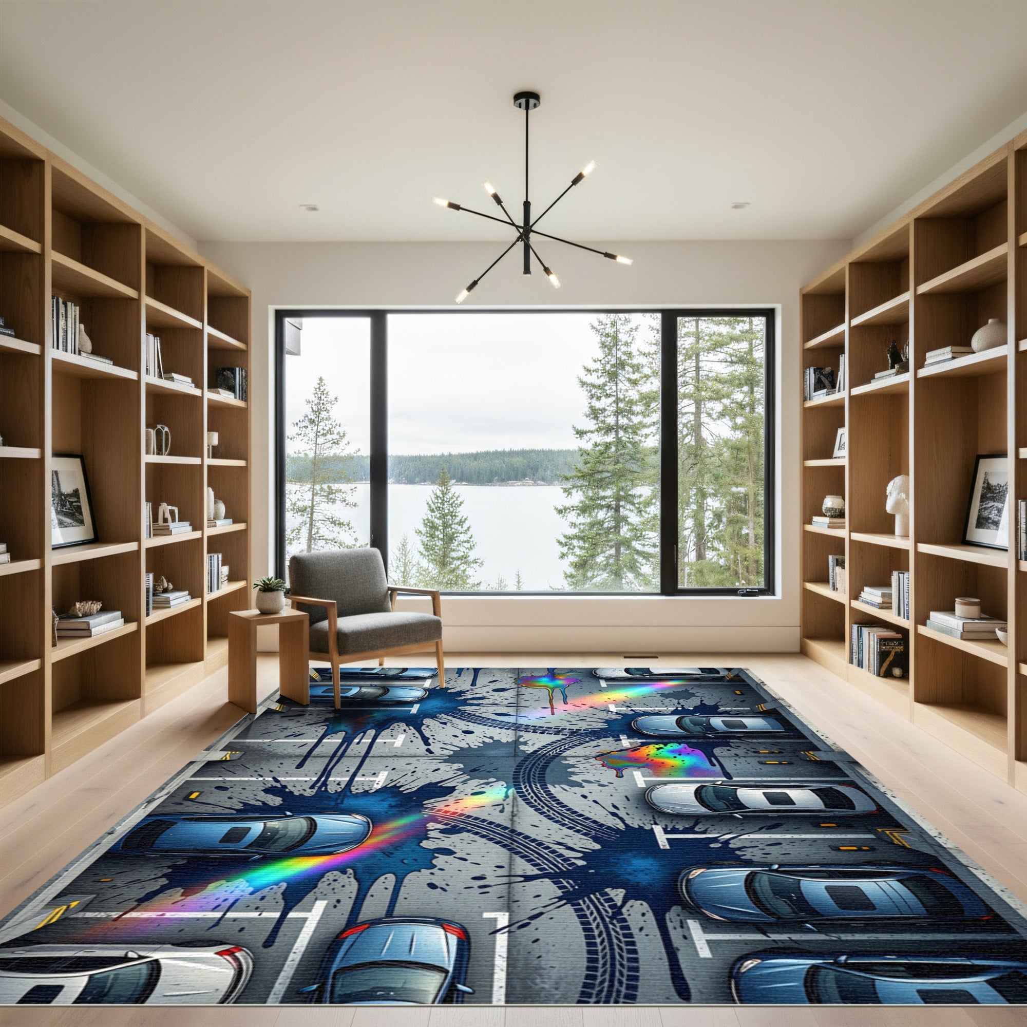 Abstract Blue Rainbow Tire Splatter Rug