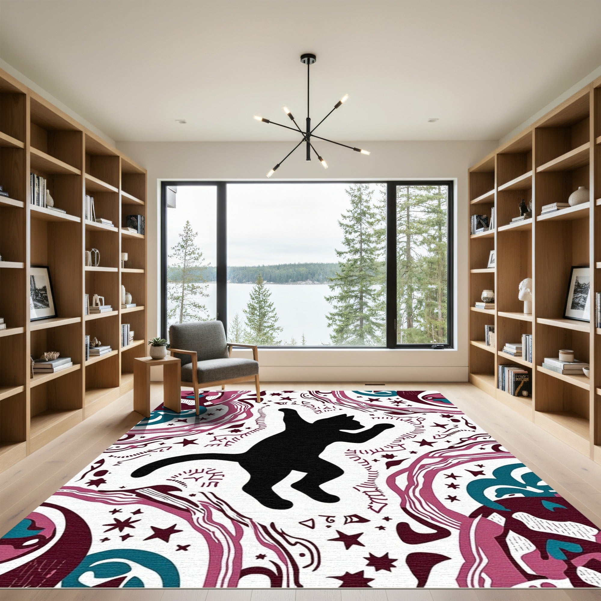 Whimsical Black Cat Starry Night Rug