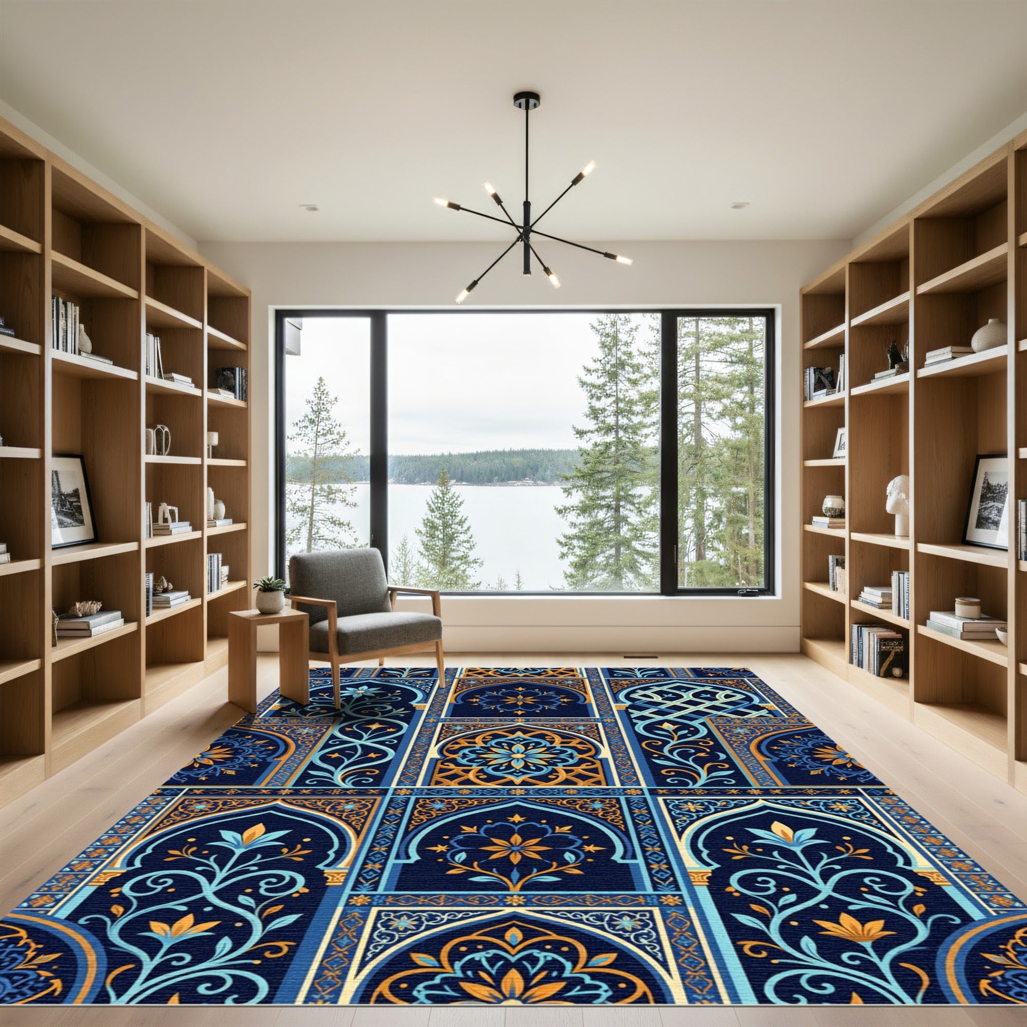 Ornate Indigo Floral Arch Mosaic Rug