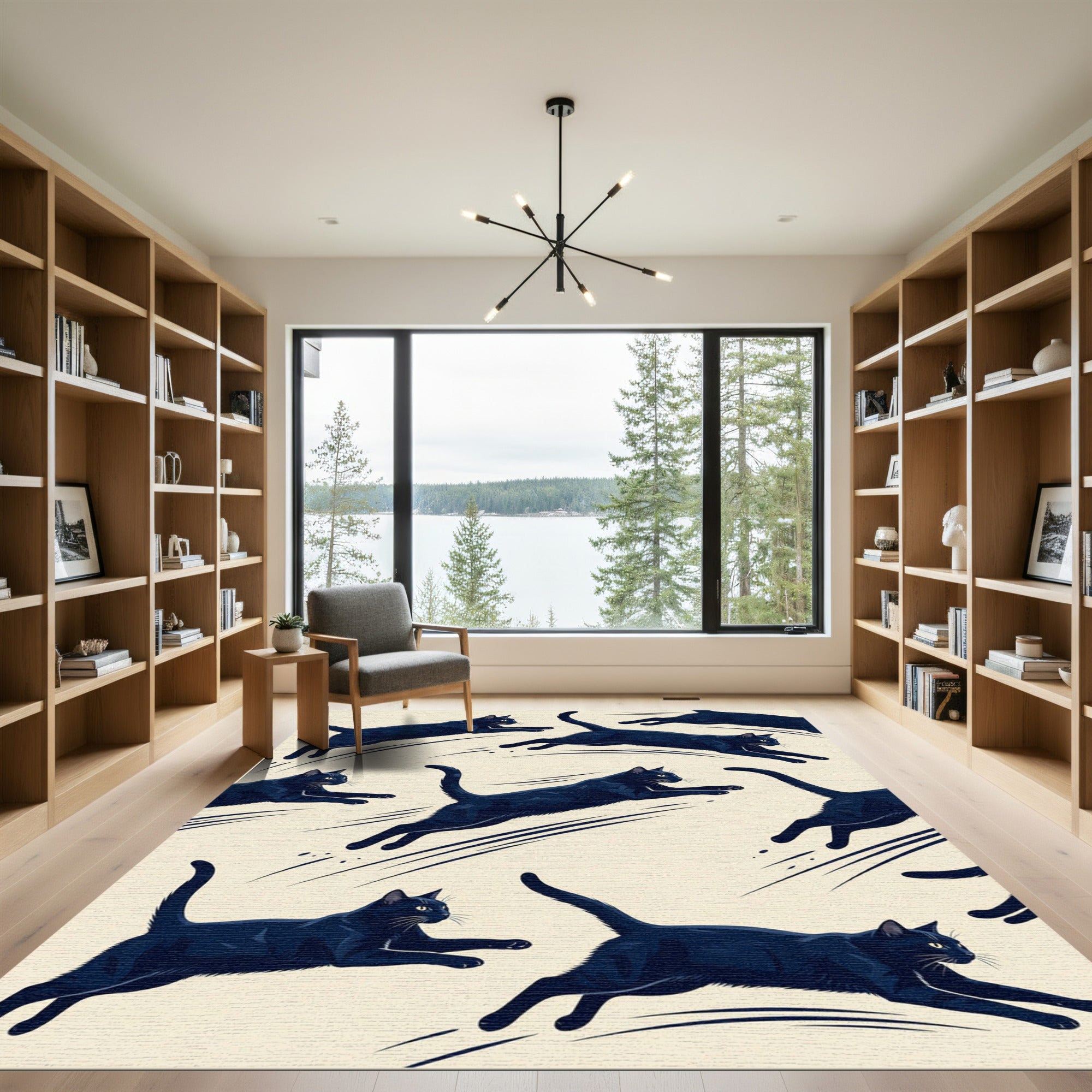 Dynamic Black Cat Shadow Leap Rug