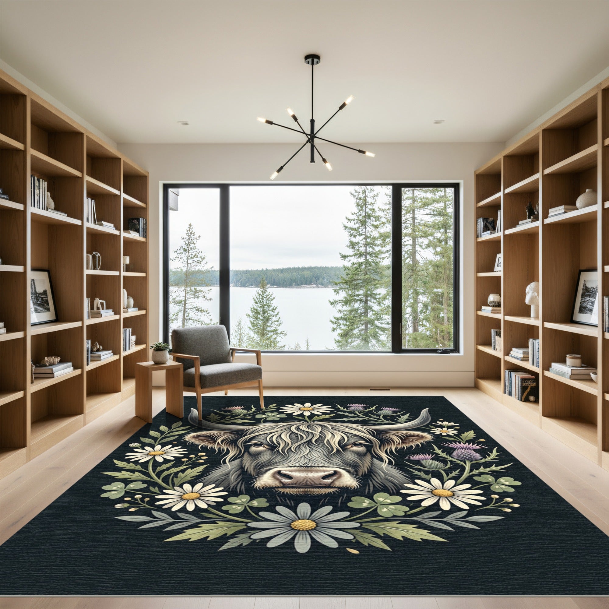 Highland Bull Floral Meadow Wall Art Rug