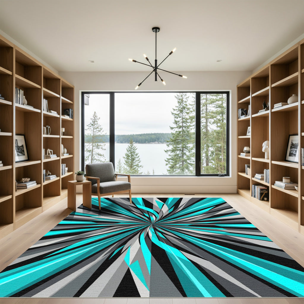 Electric Turquoise Radial Starburst Abstract Rug
