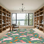 Playful Pink Bunny and Carrot Illustration Rug